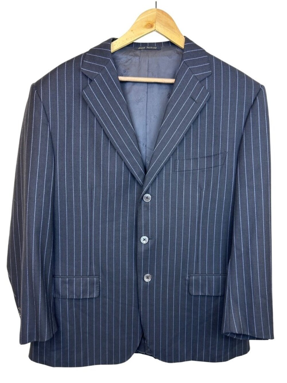 Ravazollo Men’s US 44 100% Virgin Wool Gray Blue Pinstripe Suit Jacket Blazer It